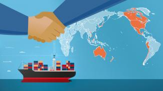 Illustration of handshake over cargo ship